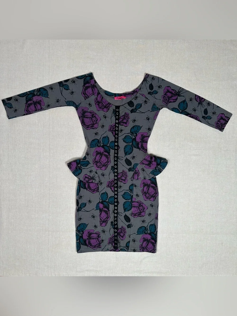 VTG Betsey Johnson Spider Rose Peplum Dress Size P ASO Aria Montgomery Goth Y2K - Picture 4 of 11